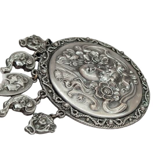 Vintage Art Nouveau Style Brooch MAIDEN Woman Medallion with 5 Hanging Charms - Picture 2 of 3